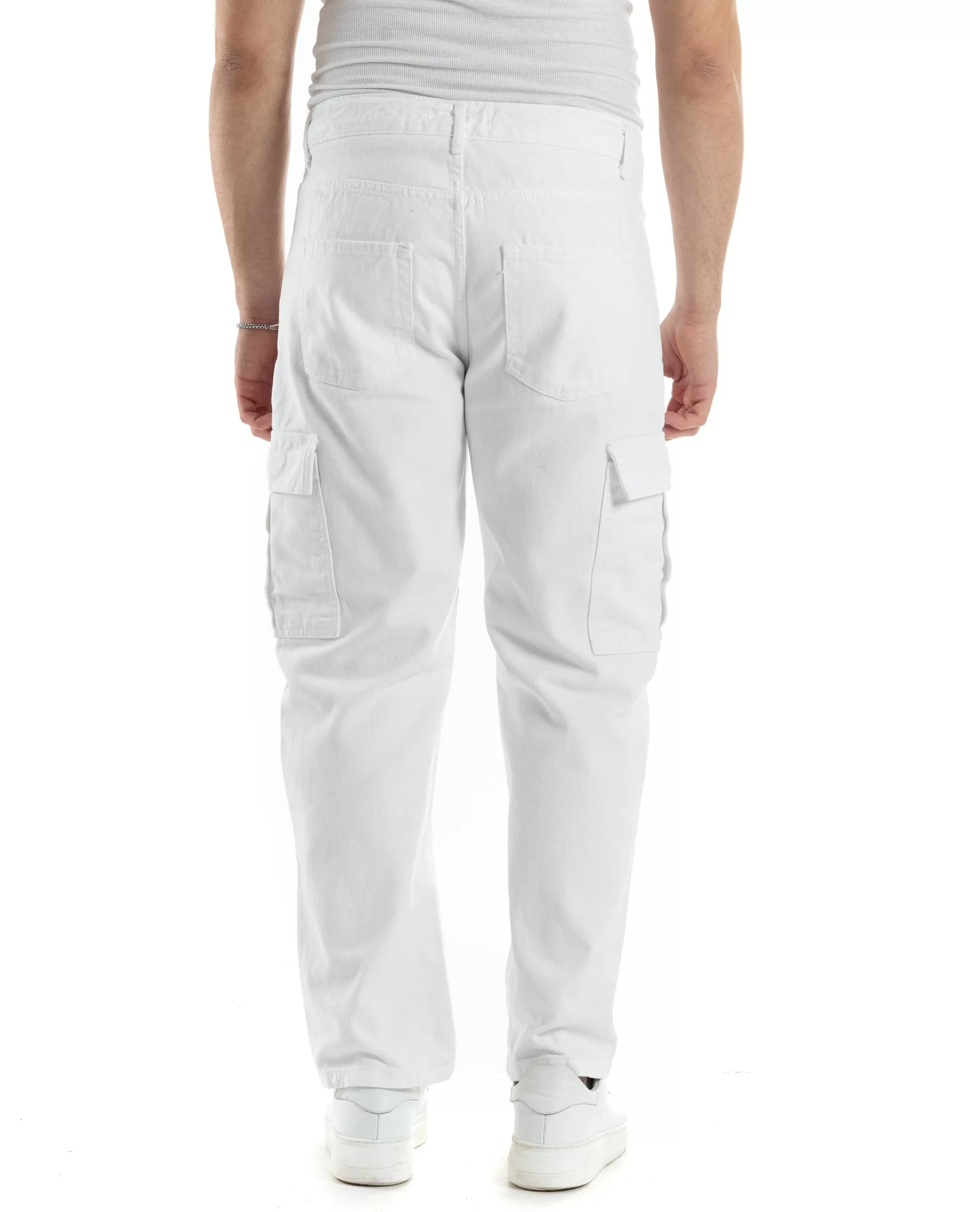 Pantaloni Uomo Cargo Tasconi Jeans Bianco Straight Fit Casual GIOSAL-JS1014A