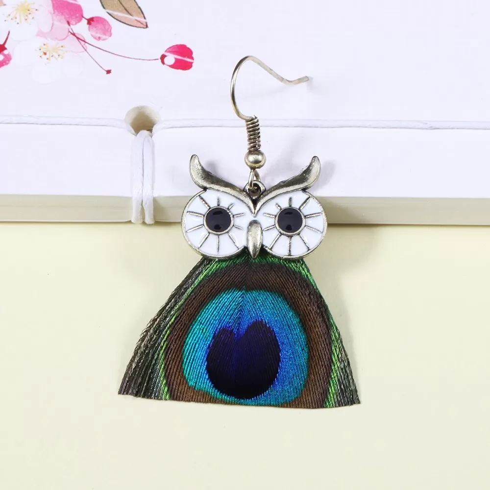 Peacock Feather Owl Drop Dangle Earring