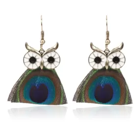 Peacock Feather Owl Drop Dangle Earring