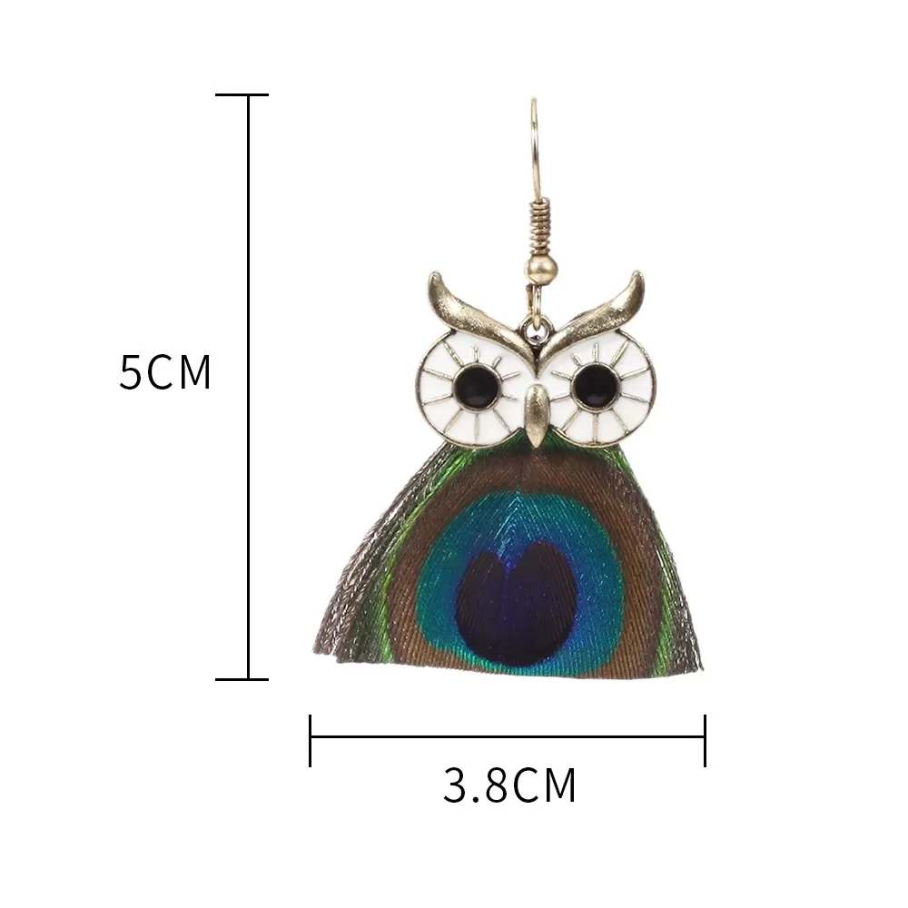 Peacock Feather Owl Drop Dangle Earring