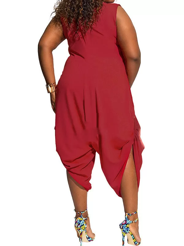 Plus Size Solid Shawl Collar Jumpsuits