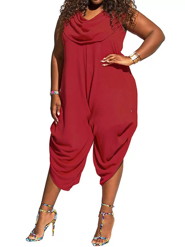 Plus Size Solid Shawl Collar Jumpsuits