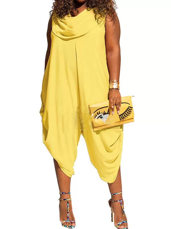 Plus Size Solid Shawl Collar Jumpsuits