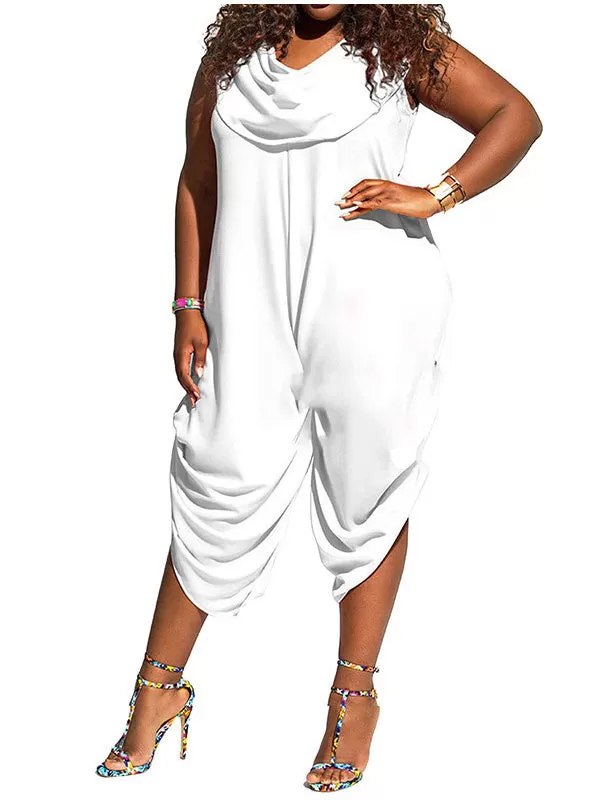 Plus Size Solid Shawl Collar Jumpsuits