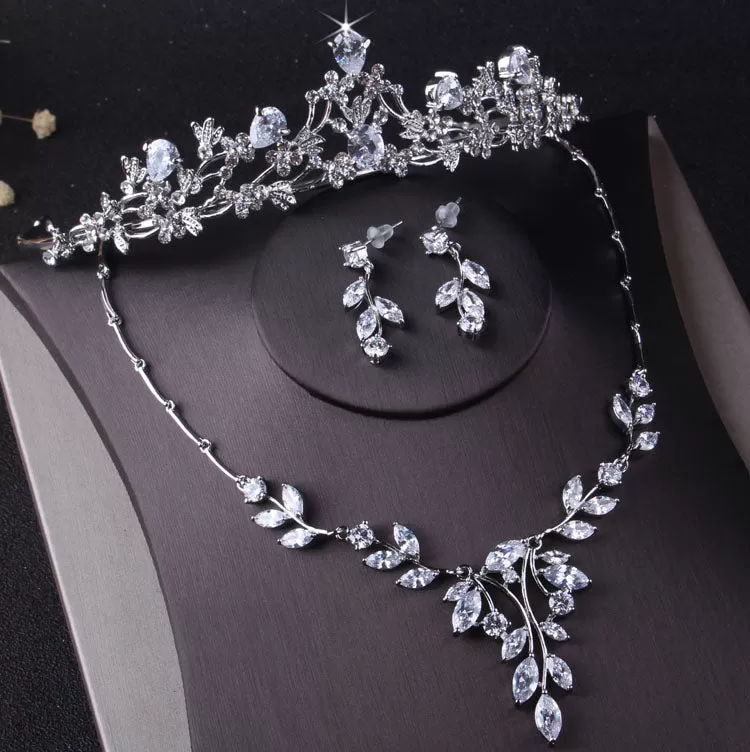 Princess Cubic Zirconia Tiara, Necklace & Earrings Wedding Jewelry Set