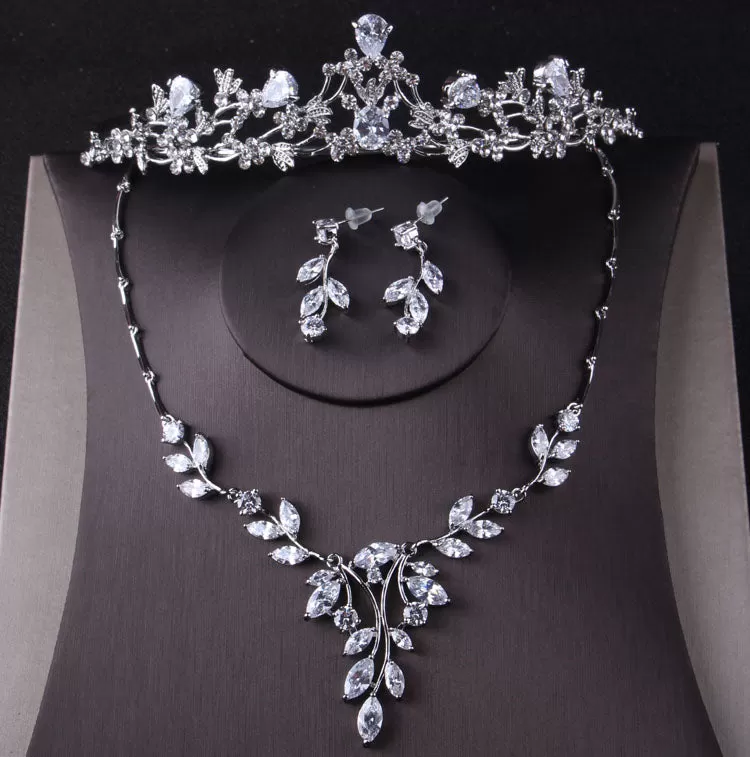 Princess Cubic Zirconia Tiara, Necklace & Earrings Wedding Jewelry Set