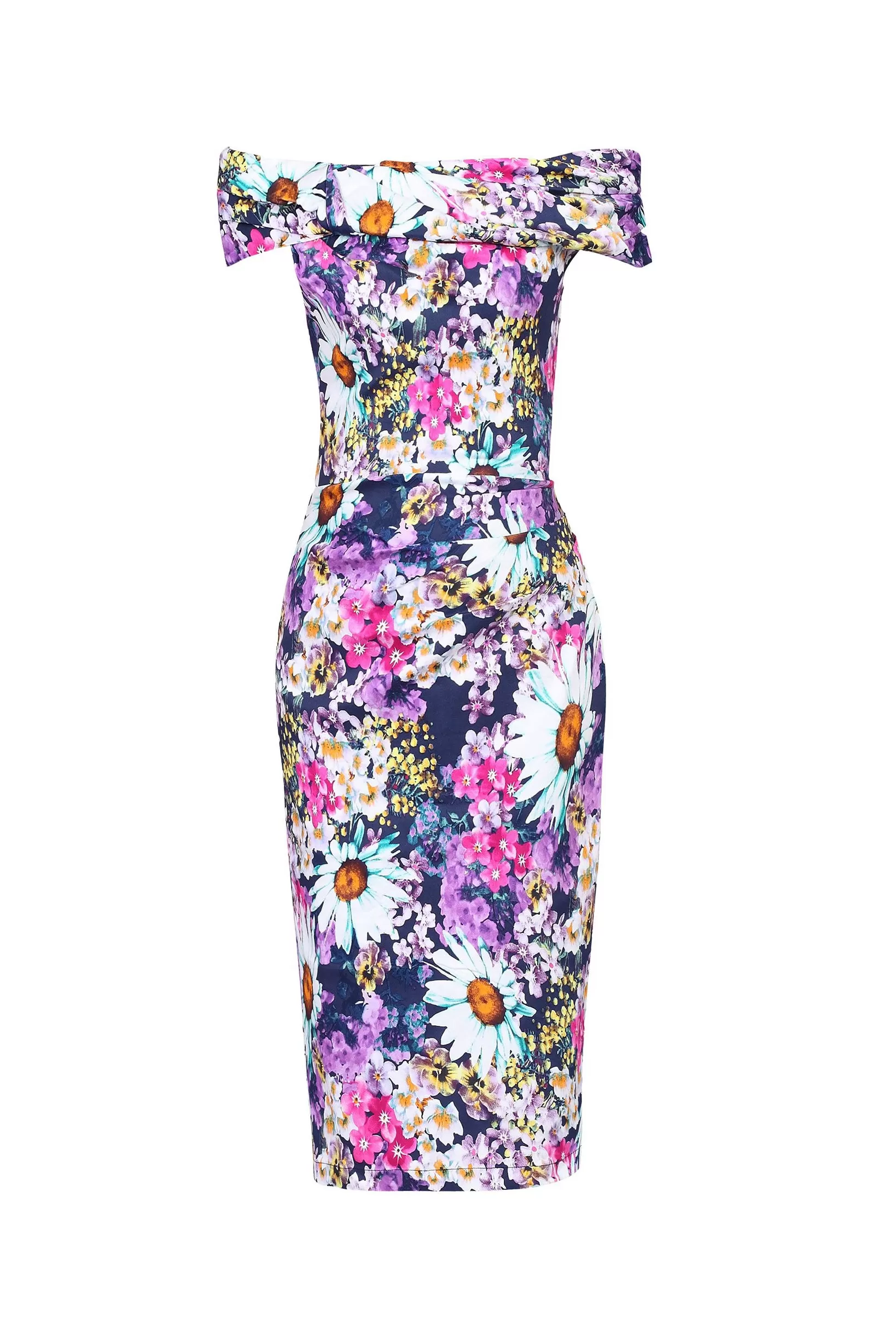 Purple Multi Floral Print Bardot Off The Shoulder Wiggle Pencil Dress