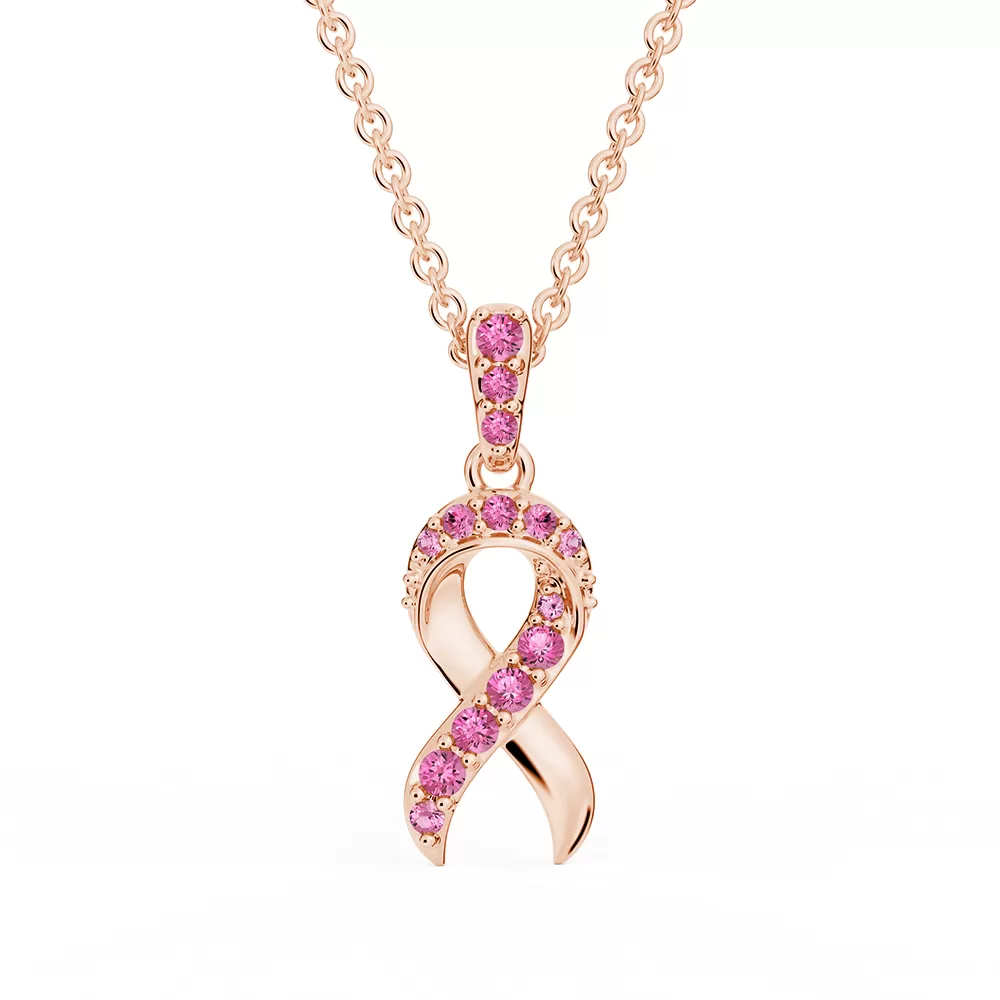 "Faith Over Fear" Ribbon Necklace In Rose Gold With Pavé Pink Sapphires