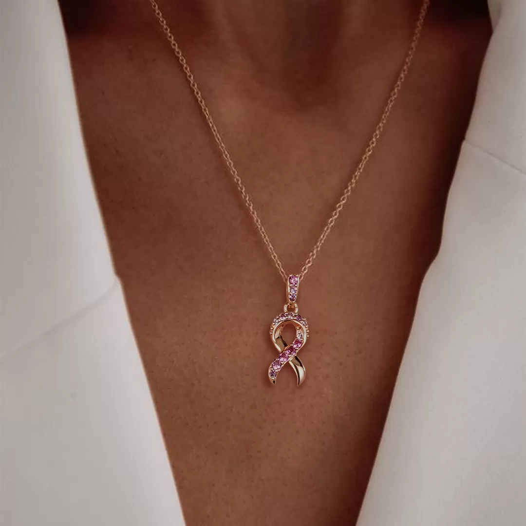 "Faith Over Fear" Ribbon Necklace In Rose Gold With Pavé Pink Sapphires