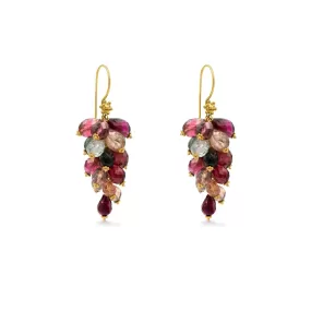 Rainbow Tourmaline Cluster Gold Earrings