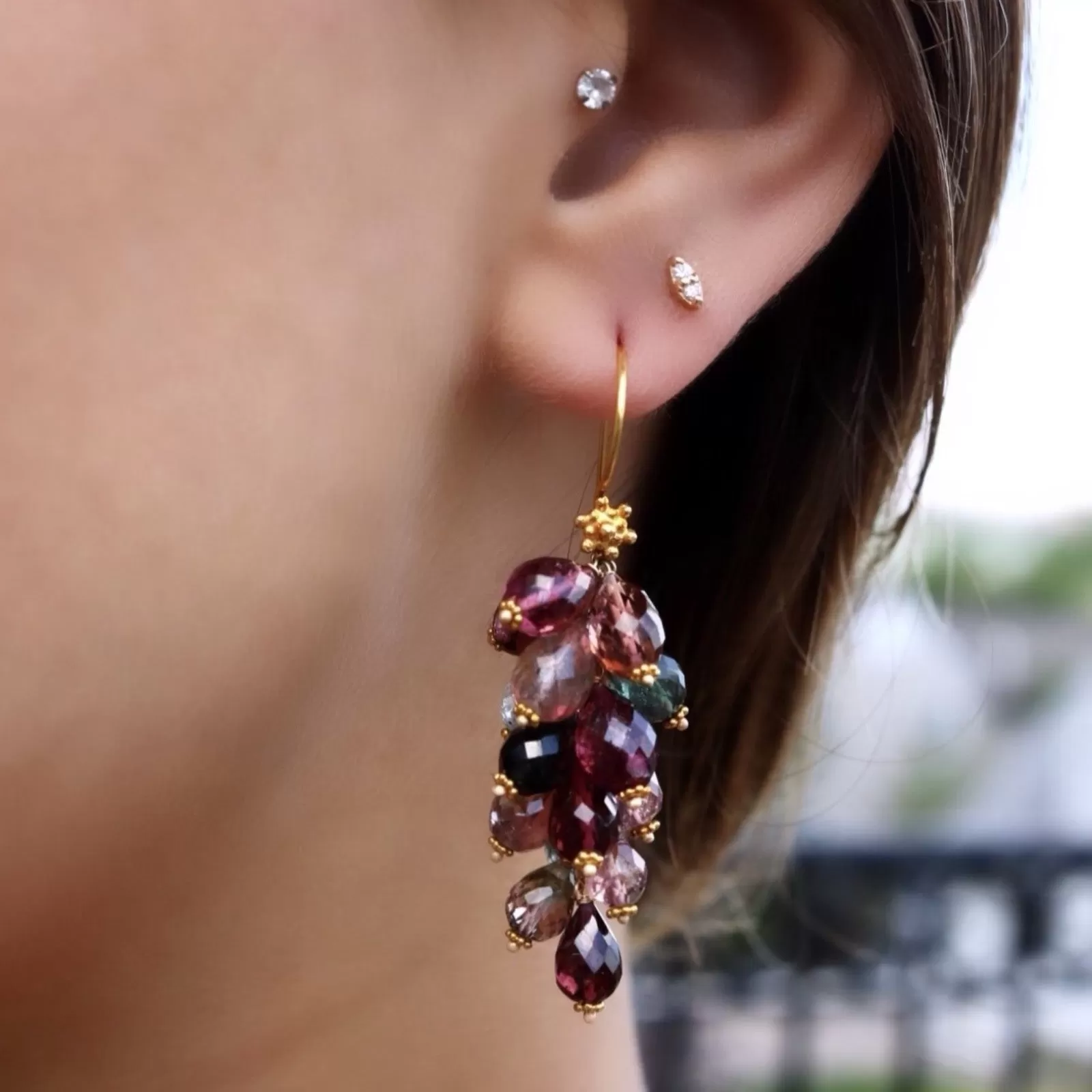 Rainbow Tourmaline Cluster Gold Earrings