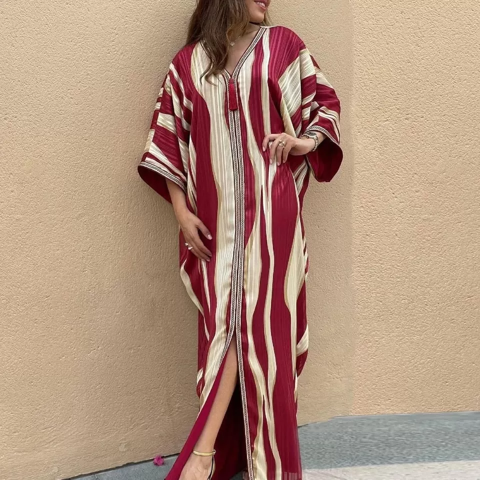 Ramadan Muslim Kaftan Abaya Print Striped Evening Party Dresses S4538114