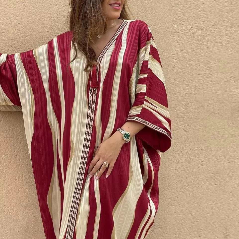 Ramadan Muslim Kaftan Abaya Print Striped Evening Party Dresses S4538114