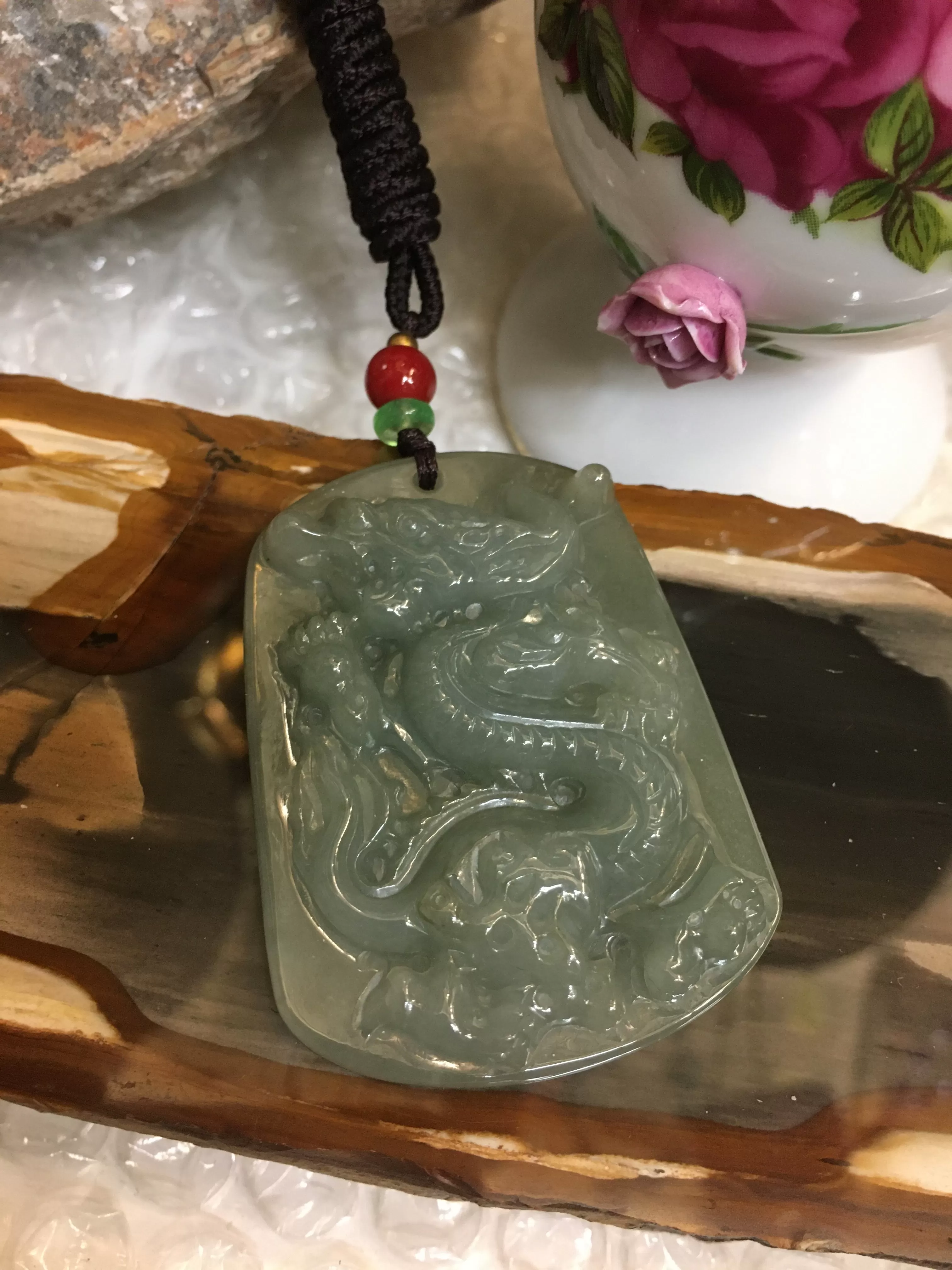 Rare Natural Jadeite Jade Pendant Necklace with Flying Dragon Carving