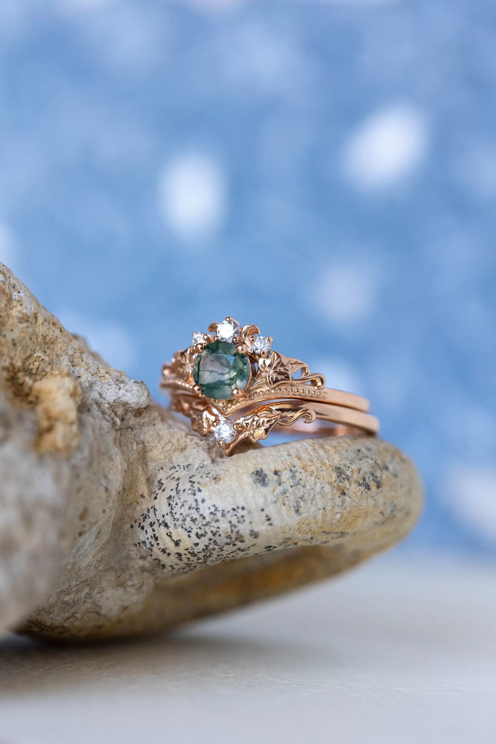 READY TO SHIP: Ariadne bridal ring set in 14K or 18K rose gold, natural moss agate 5 mm, accents moissanites, AVAILABLE RING SIZES: 4.5-11US