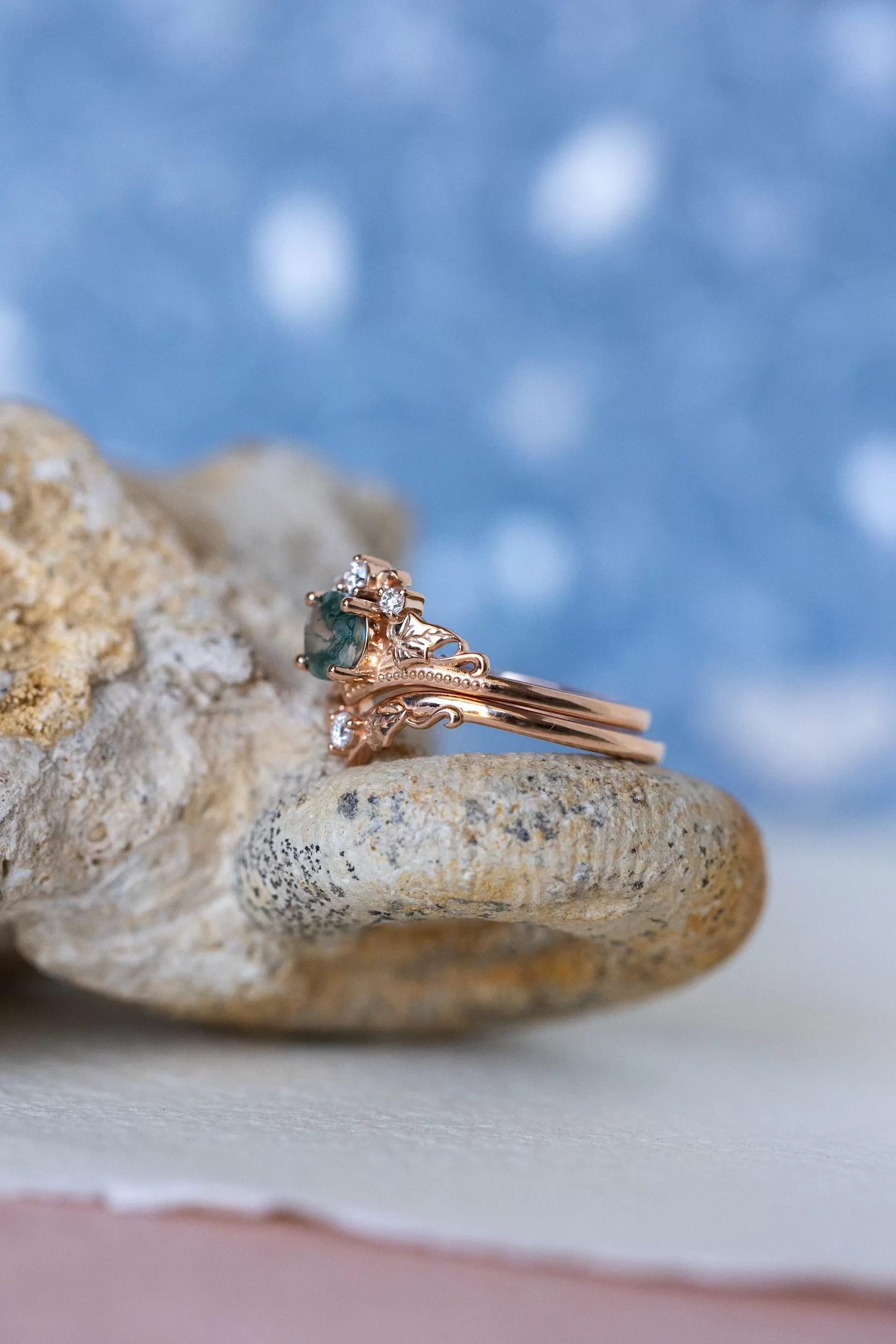 READY TO SHIP: Ariadne bridal ring set in 14K or 18K rose gold, natural moss agate 5 mm, accents moissanites, AVAILABLE RING SIZES: 4.5-11US