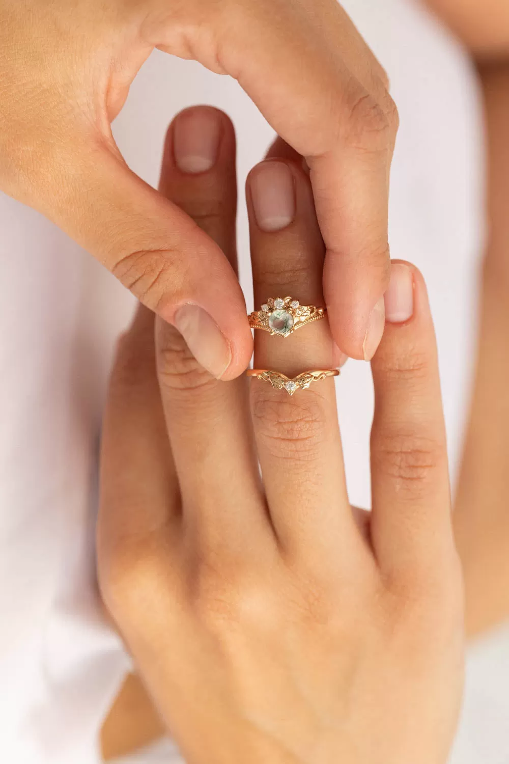 READY TO SHIP: Ariadne bridal ring set in 14K or 18K rose gold, natural moss agate 5 mm, accents moissanites, AVAILABLE RING SIZES: 4.5-11US