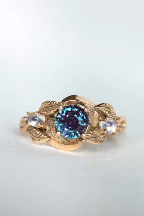 READY TO SHIP: Azalea ring in 14K rose gold, lab alexandrite round cut 6 mm, accent moonstones, AVAILABLE RING SIZES: 5-7US