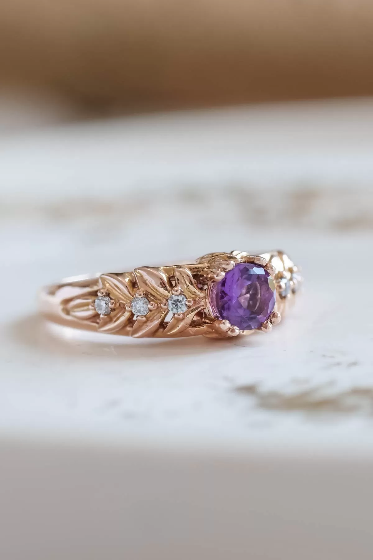 READY TO SHIP: Silvestra in 14K rose gold, round amethyst 5mm, moissanites, RING SIZE 6.25 US