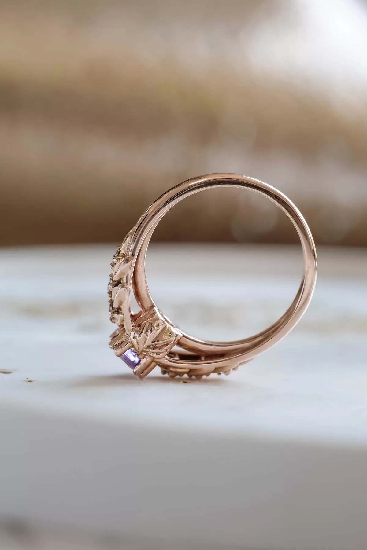 READY TO SHIP: Silvestra in 14K rose gold, round amethyst 5mm, moissanites, RING SIZE 6.25 US