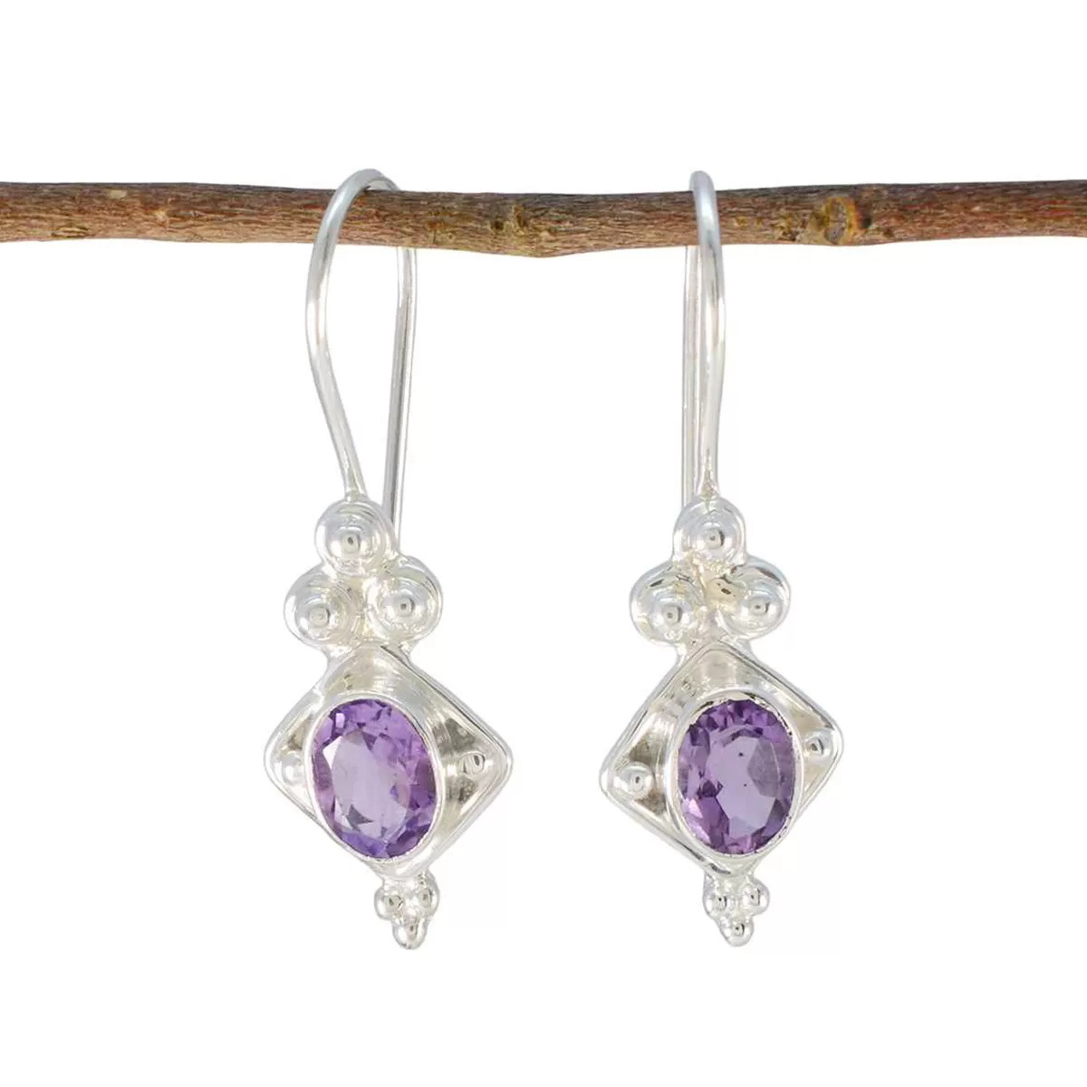 Riyo Artistic Sterling Silver Earring For Women Amethyst Earring Bezel Setting Purple Earring Dangle Earring