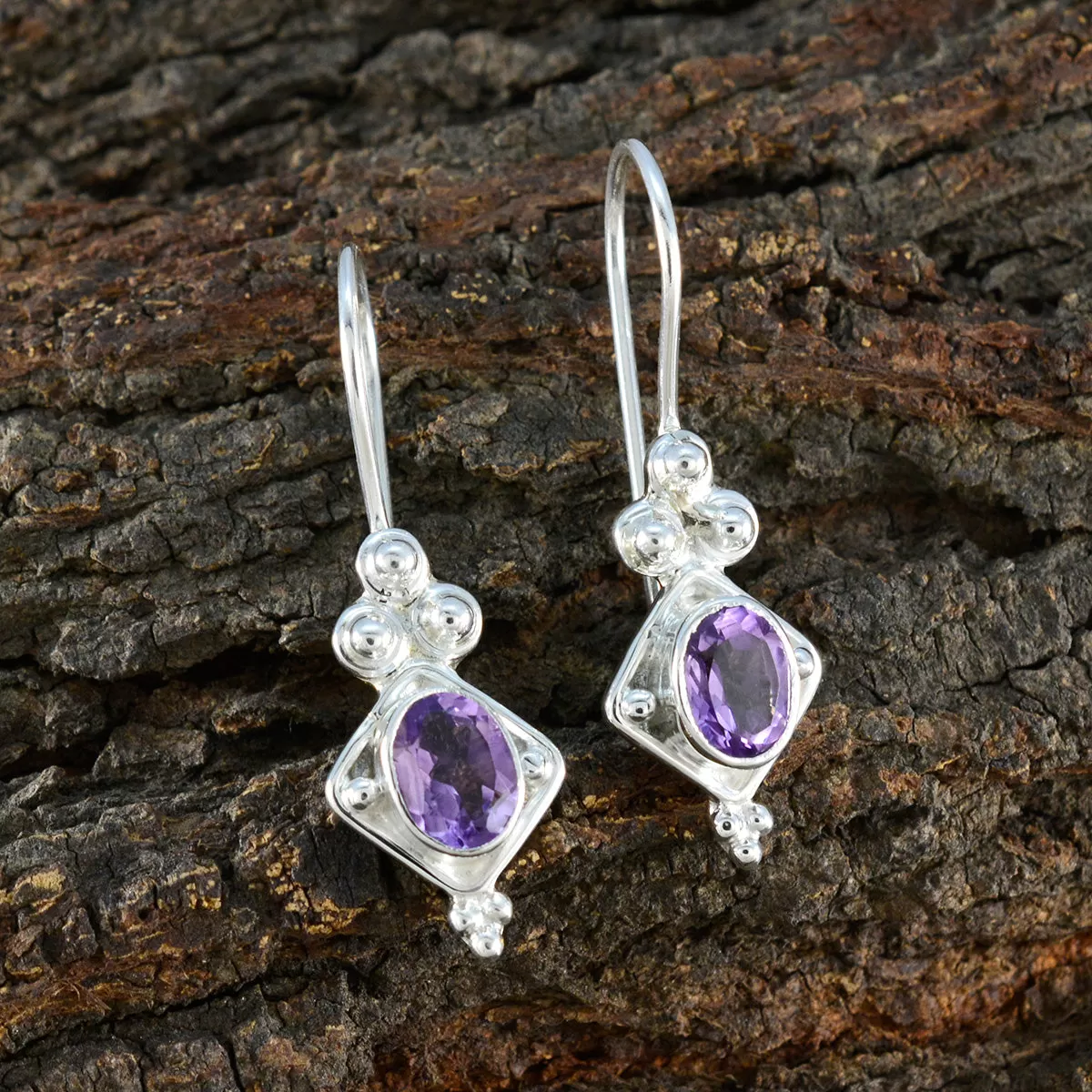 Riyo Artistic Sterling Silver Earring For Women Amethyst Earring Bezel Setting Purple Earring Dangle Earring