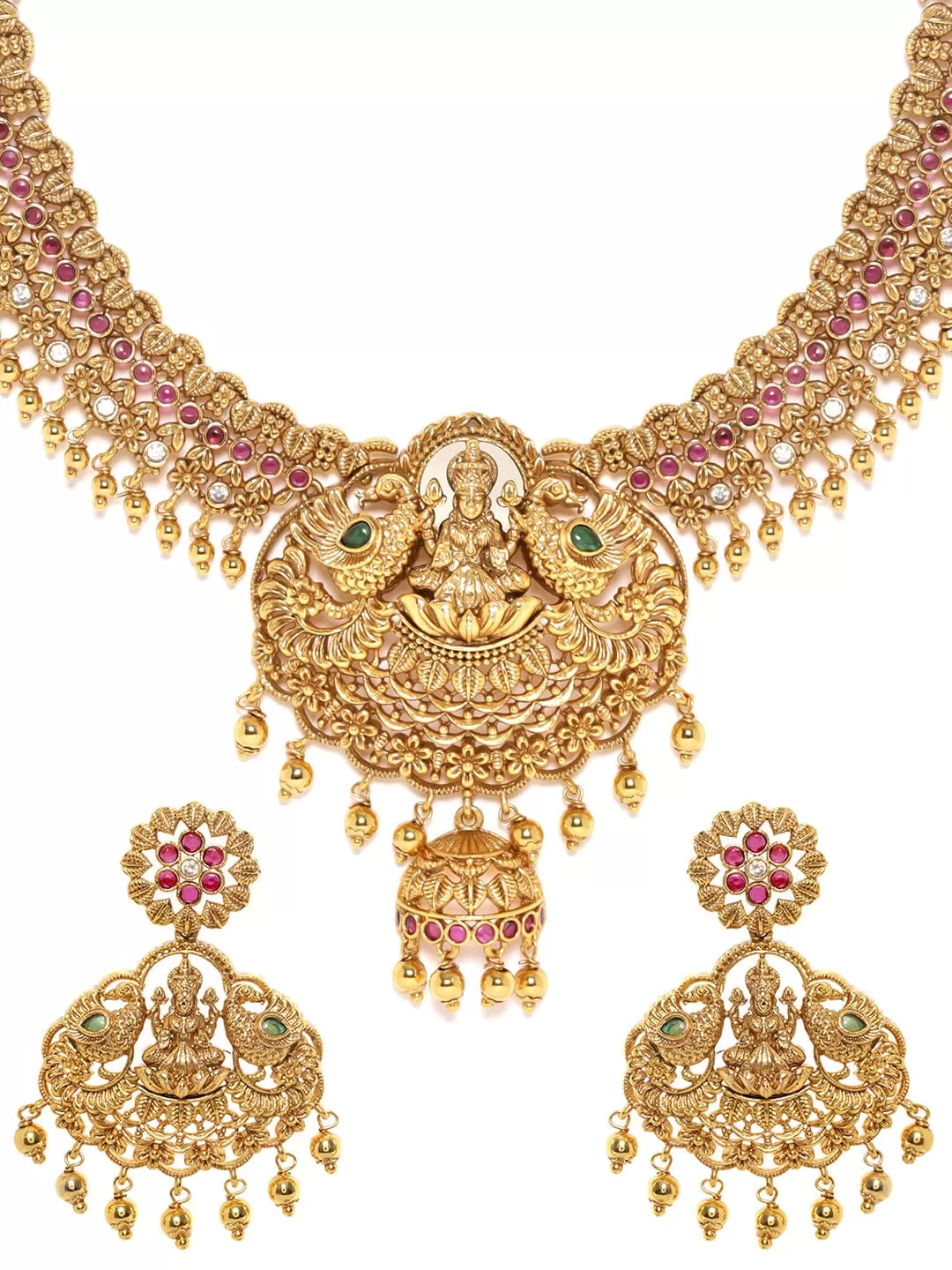 Rubans 22K Gold plated Delicate handcrafted Goddess motif Lakshmi Luxury Temple Necklace Set