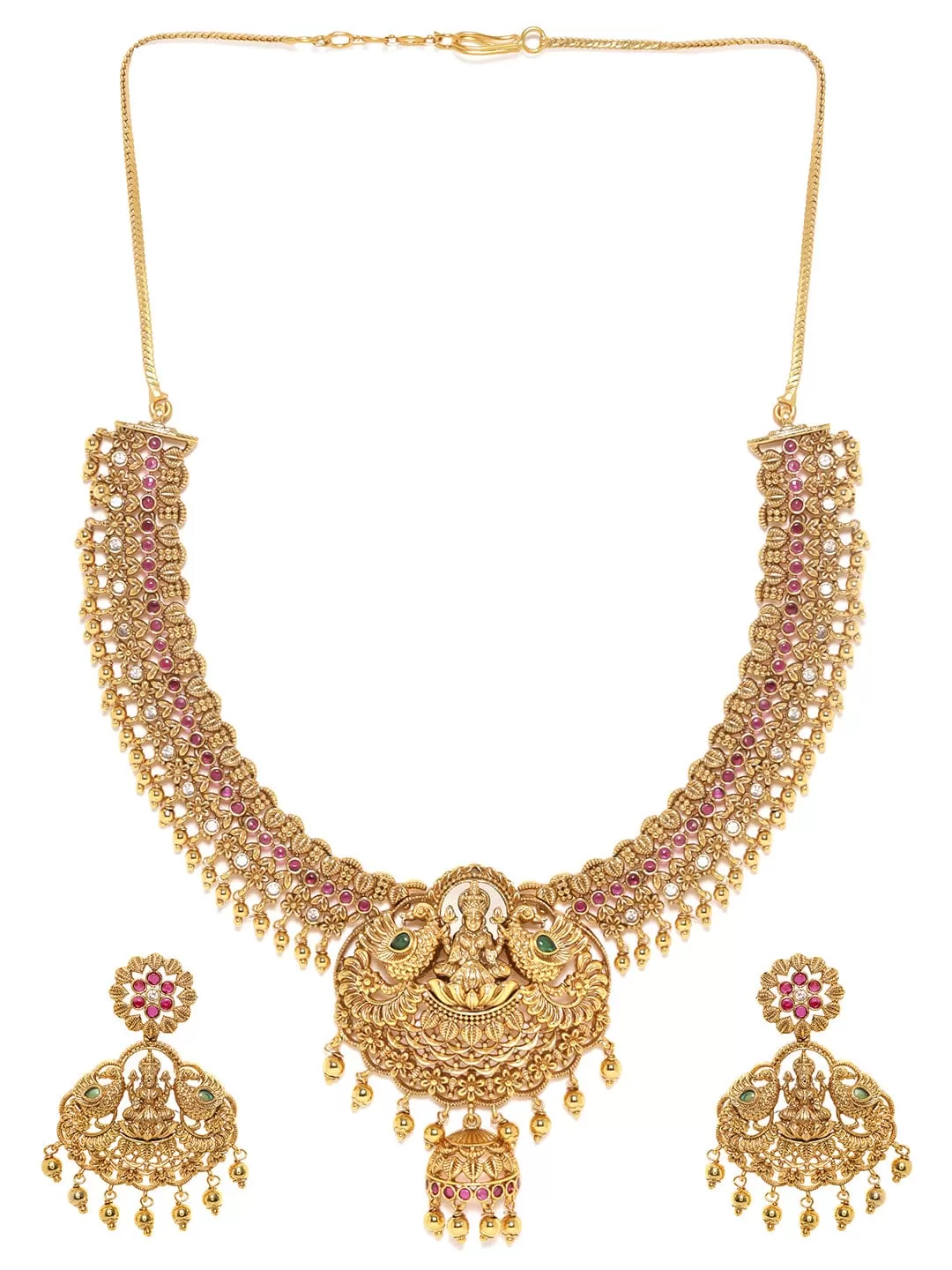 Rubans 22K Gold plated Delicate handcrafted Goddess motif Lakshmi Luxury Temple Necklace Set