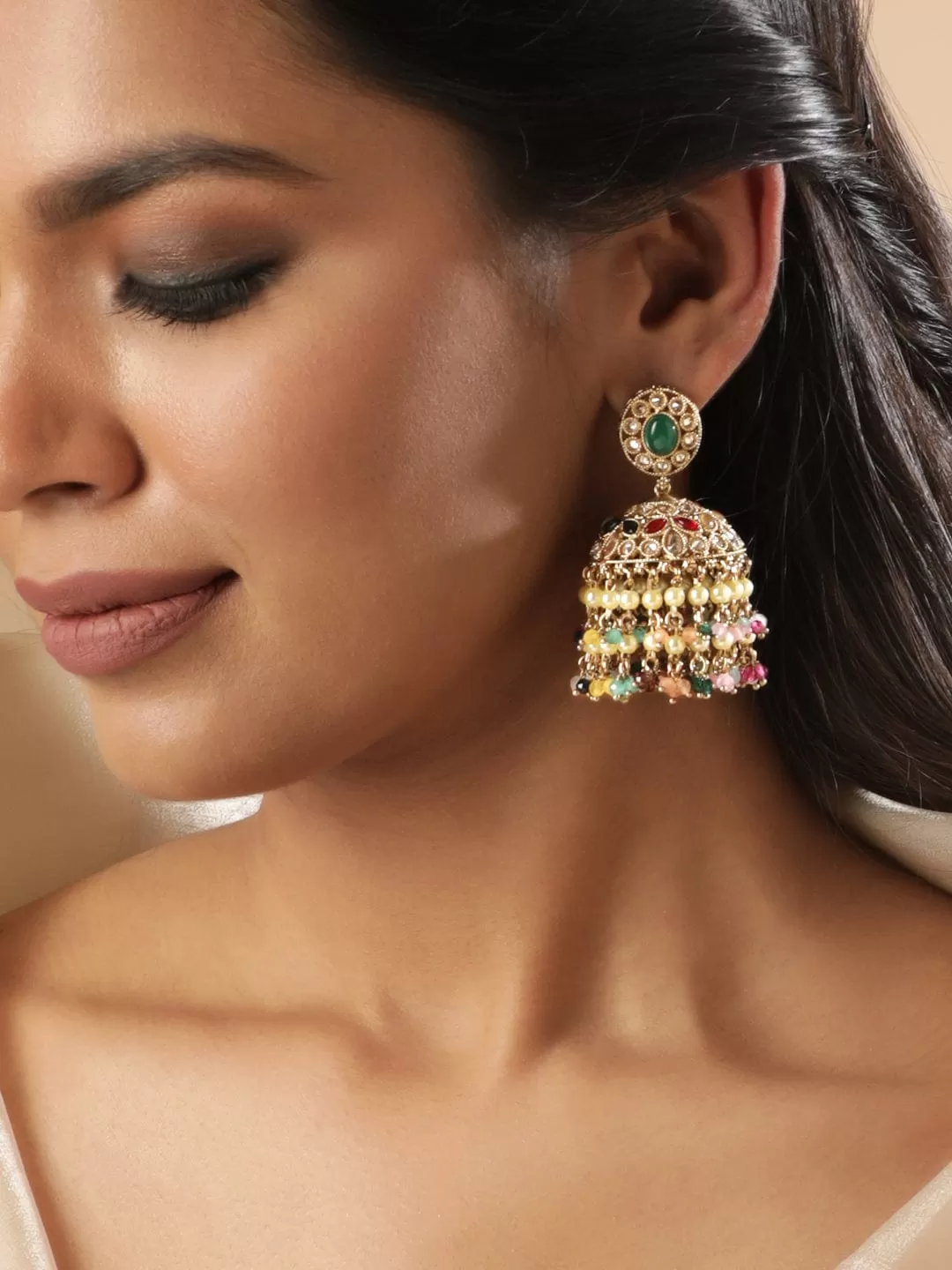 Rubans 22k Mehndi gold plated multicolor reverse AD beaded jhumka earrings