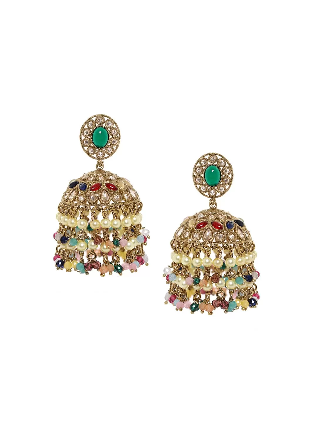 Rubans 22k Mehndi gold plated multicolor reverse AD beaded jhumka earrings