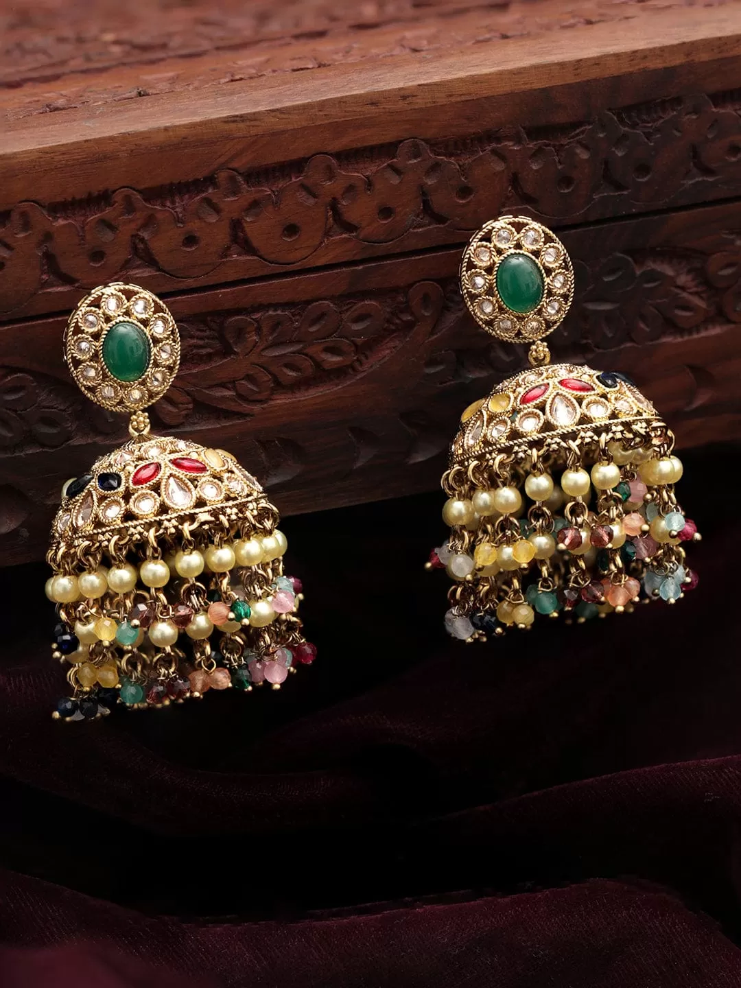 Rubans 22k Mehndi gold plated multicolor reverse AD beaded jhumka earrings