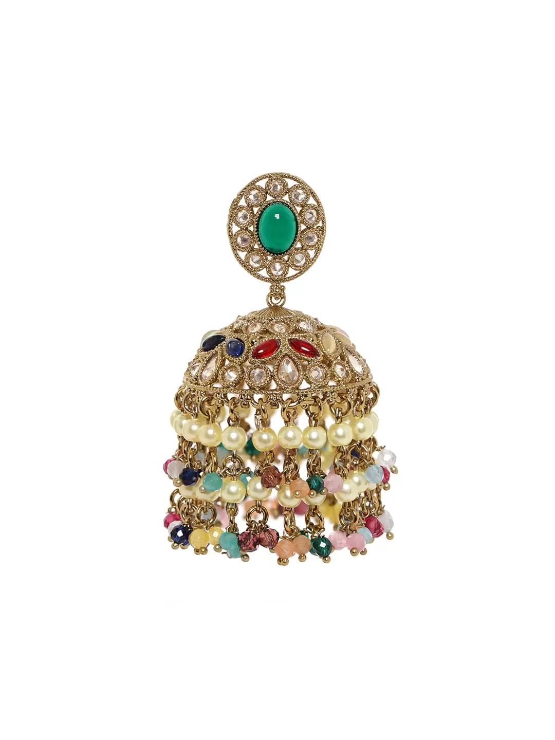 Rubans 22k Mehndi gold plated multicolor reverse AD beaded jhumka earrings