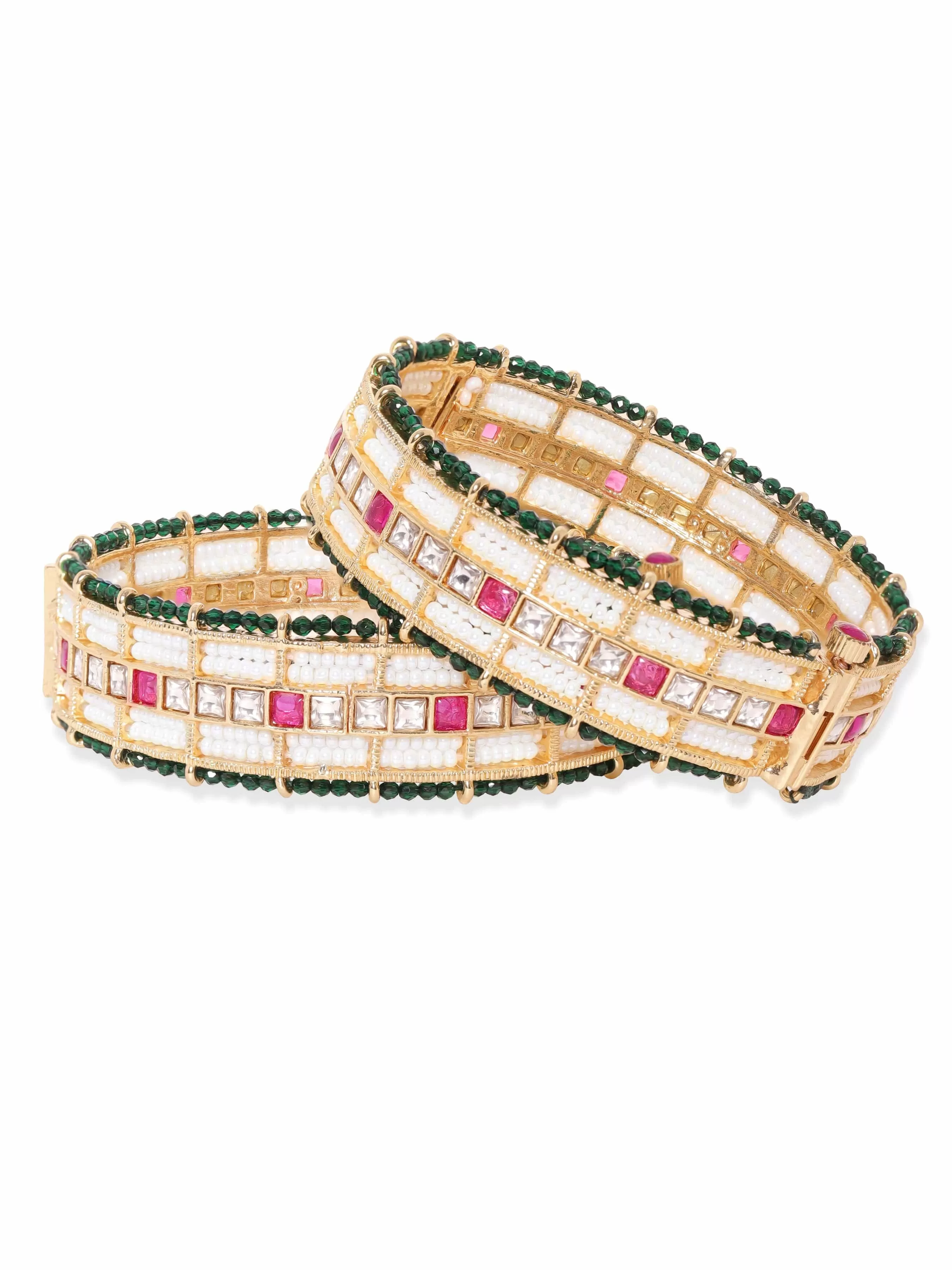 Rubans 24k Gold plated kundan & kemp studded green crystal with pearl beaded handcrafted bangles