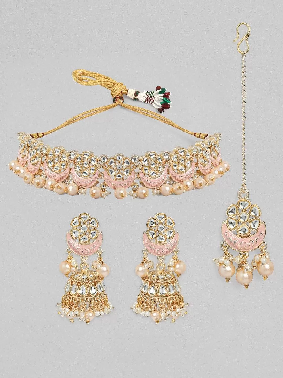 Rubans Gold Plated Peach Pink Enamel Beaded Necklace Set