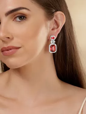 Rubans Rhodium Plated Ruby Red Zirconia Dangle Earrings