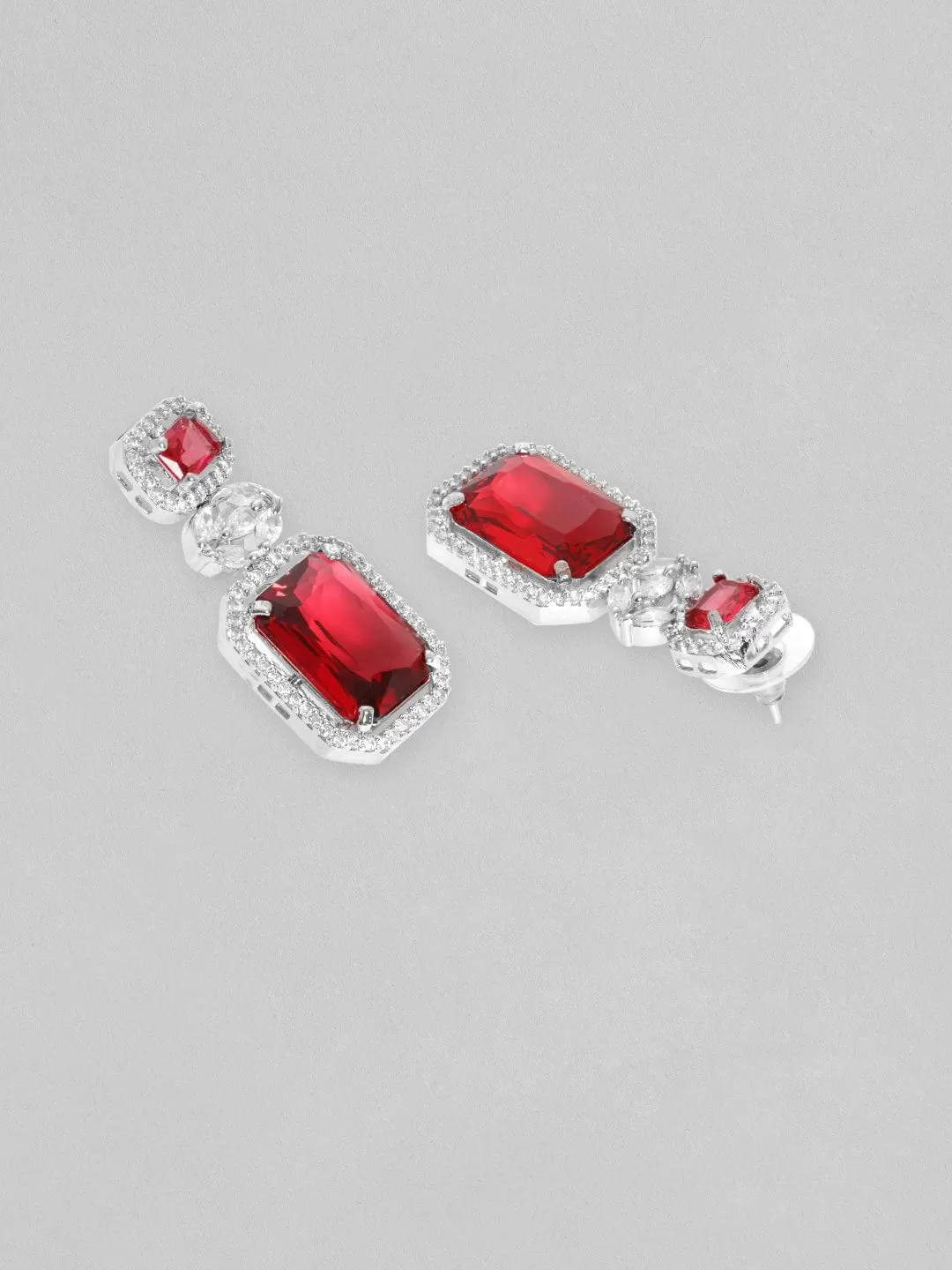 Rubans Rhodium Plated Ruby Red Zirconia Dangle Earrings