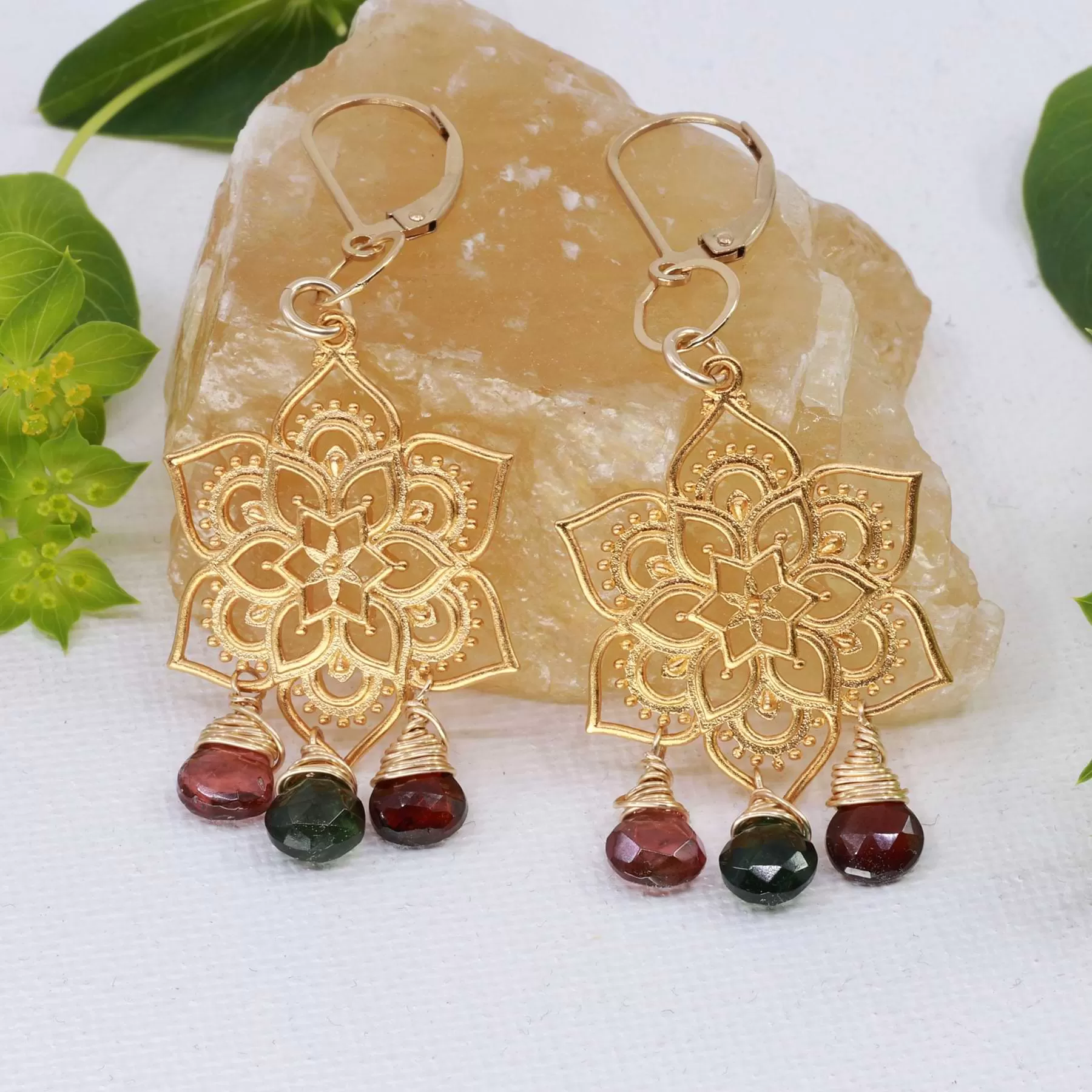 Samsara - Tourmaline Gold Mandala Earrings