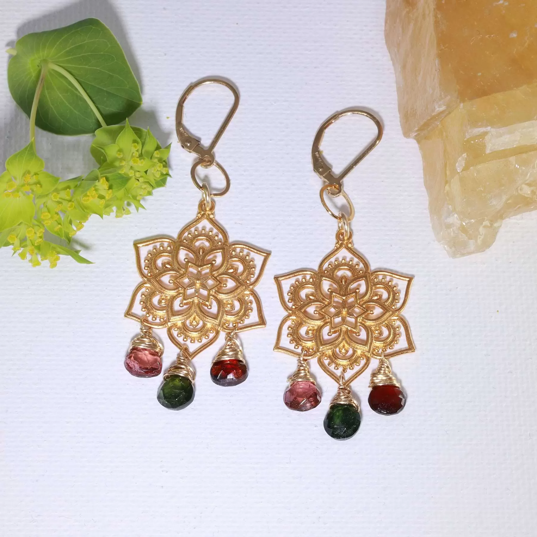 Samsara - Tourmaline Gold Mandala Earrings