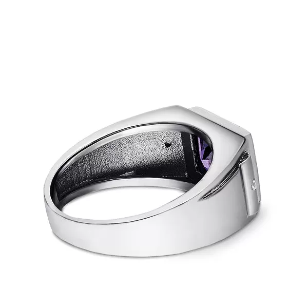 Solid 14K White Gold Wedding Ring with Purple Amethyst and 2 Natural Diamonds Ring for Men