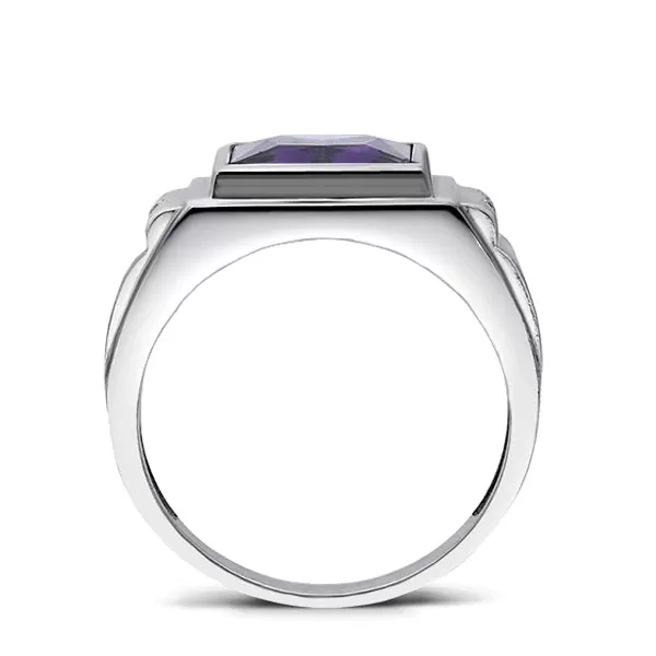 Solid 14K White Gold Wedding Ring with Purple Amethyst and 2 Natural Diamonds Ring for Men