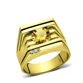 Solid 18K YELLOW GOLD Mens Ring with Citrine and 2 Real DIAMOND Accents