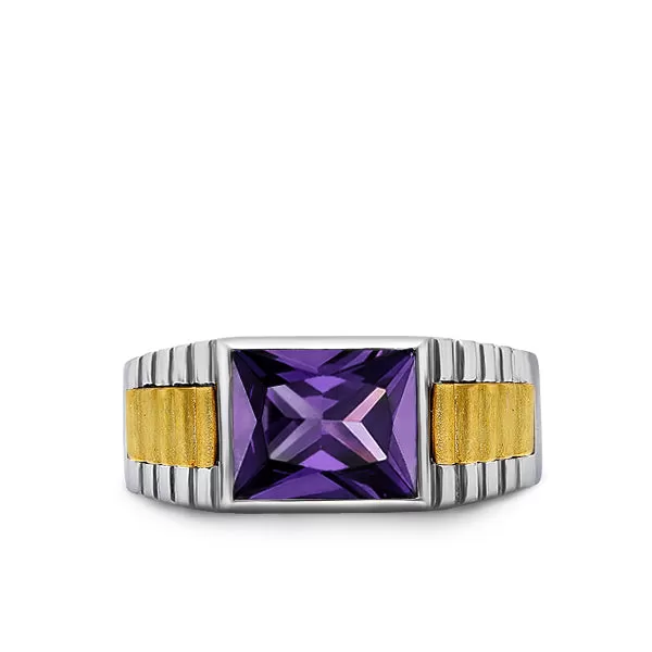 Solid Fine 14k White Gold Mens Ring With Rectangle Purple Amethyst Stone All Sz