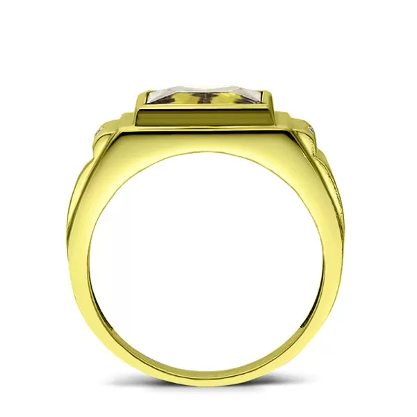 Solitaire Citrine Yellow Stone 18kt Gold Plated Mens Ring With 2 Diamond Accents