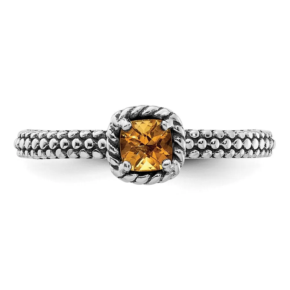 Stackable Expressions Checker-cut Citrine Antiqued Ring in Sterling Silver