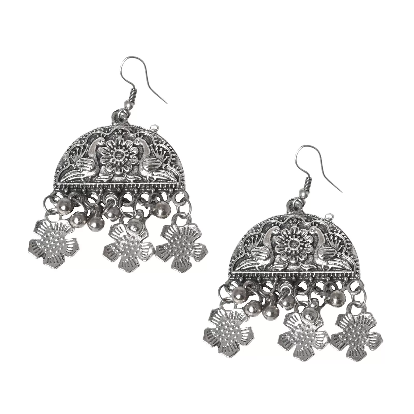 Teejh Faiza Silver Oxidised Floral Long Necklace Set