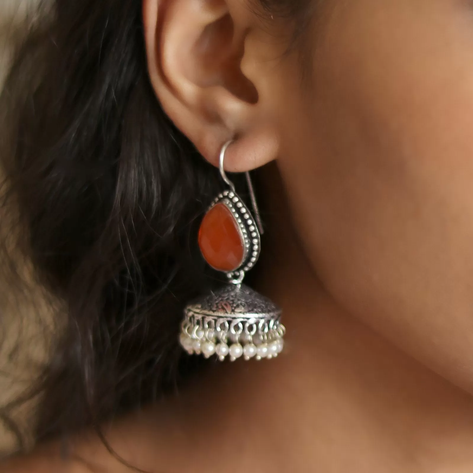 Teejh Sahasra Orange Stone Silver Oxidised Earrings