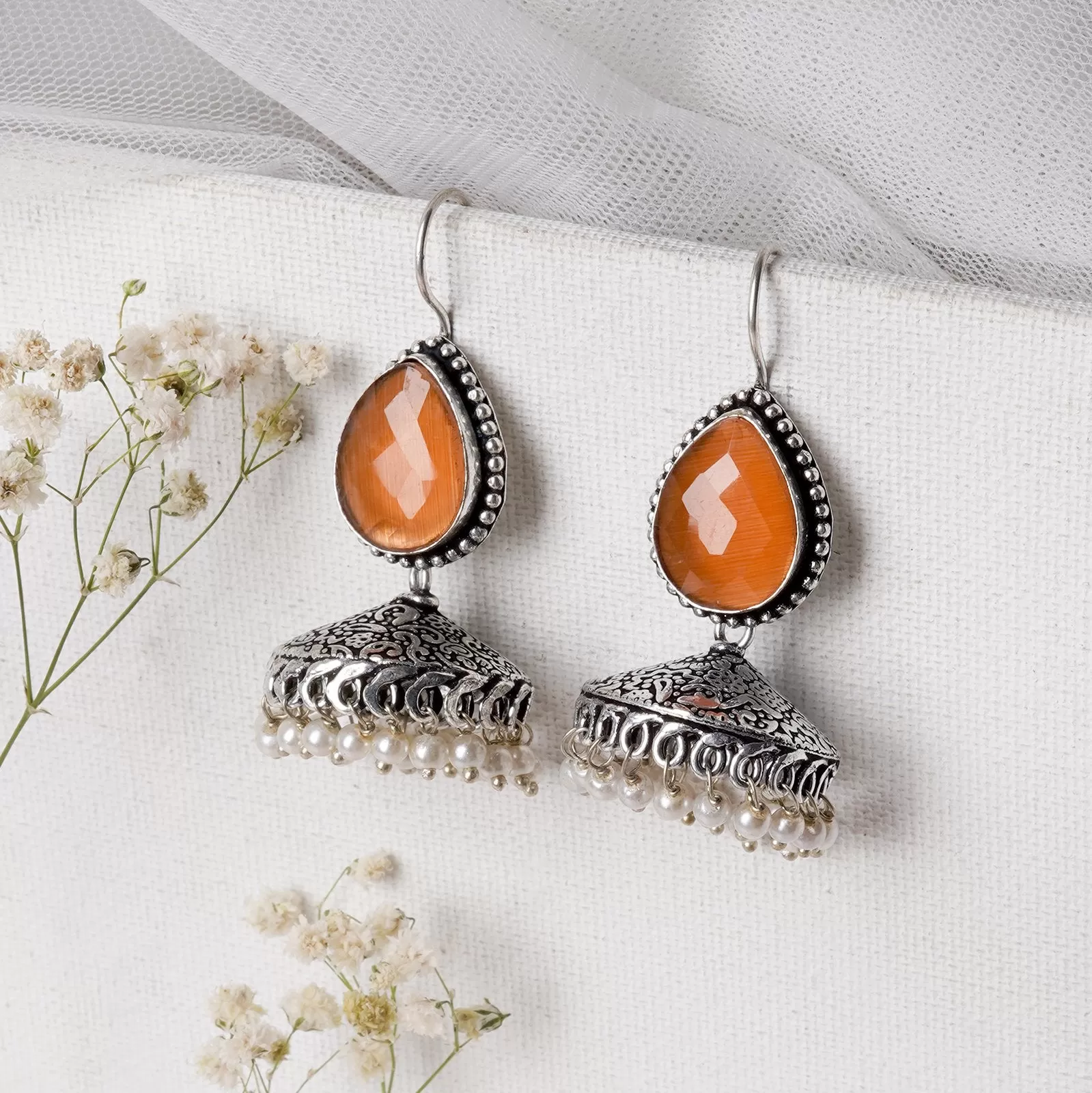 Teejh Sahasra Orange Stone Silver Oxidised Earrings