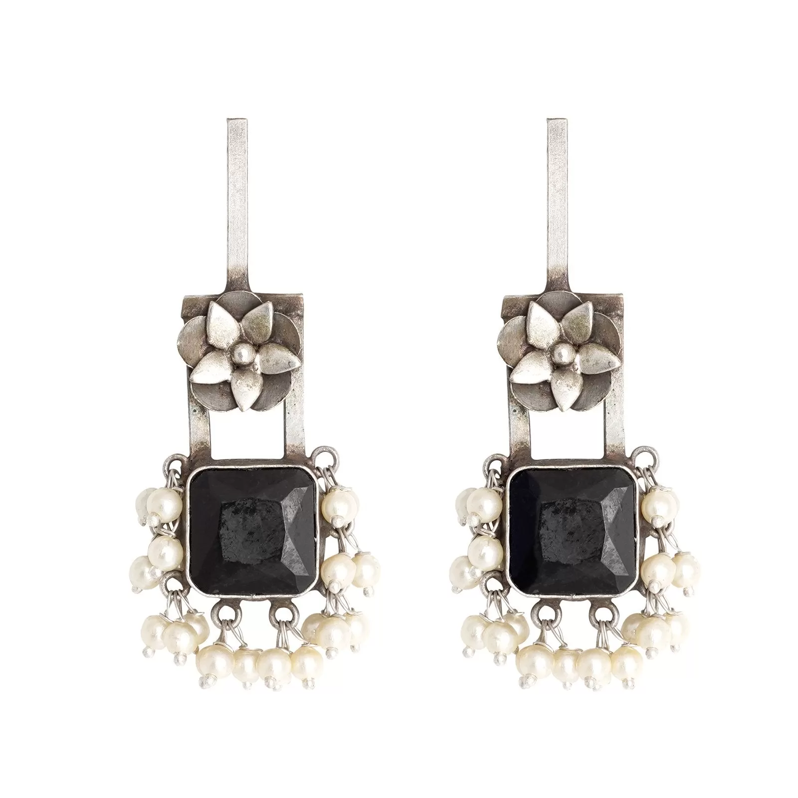 Teejh Vrinda Black Stone Silver Oxidised Earrings