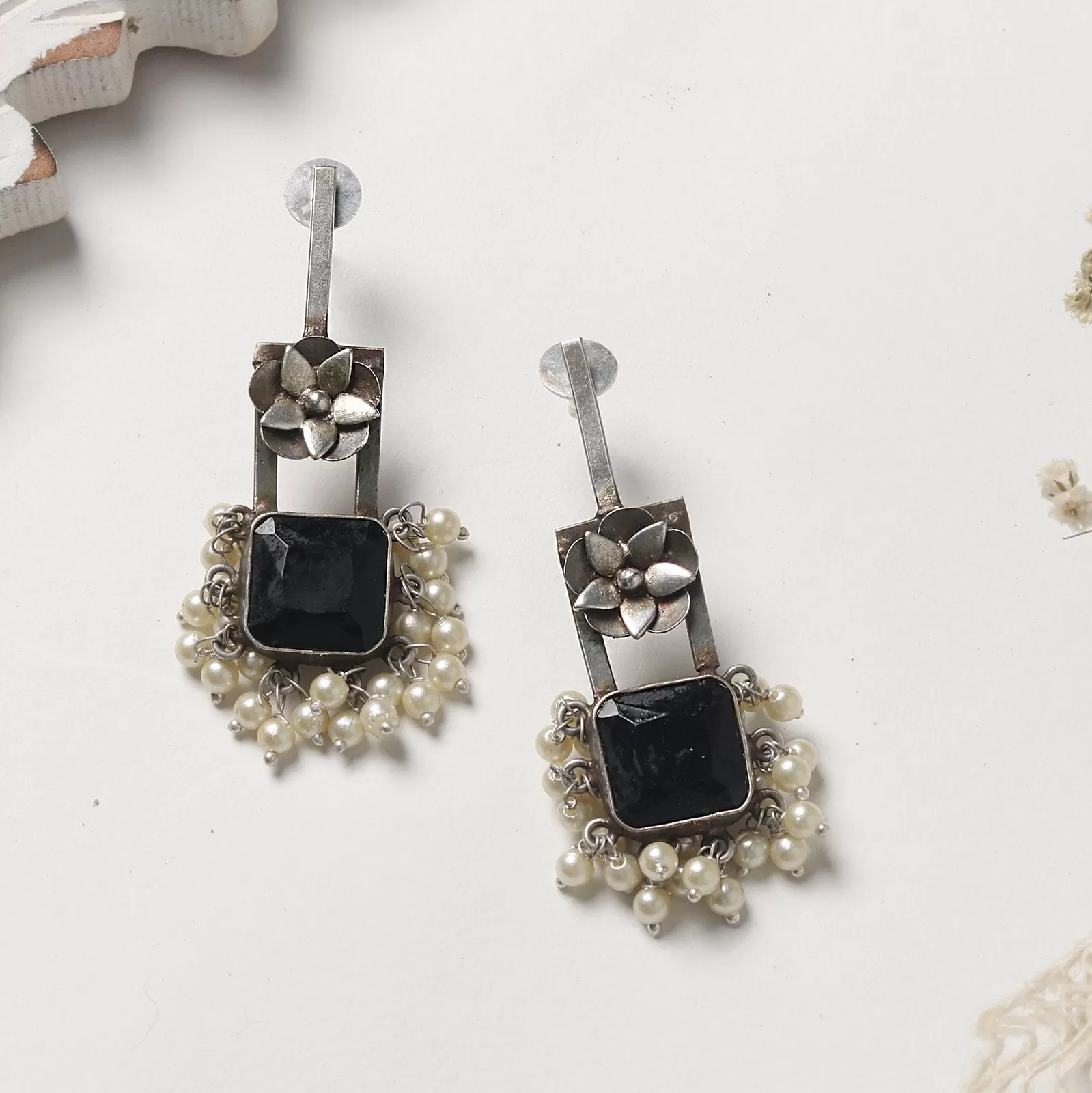 Teejh Vrinda Black Stone Silver Oxidised Earrings