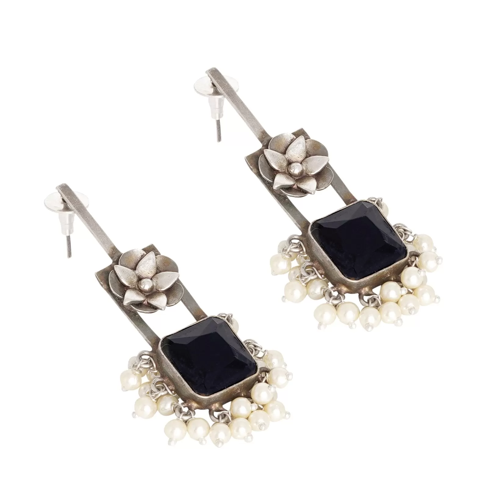 Teejh Vrinda Black Stone Silver Oxidised Earrings